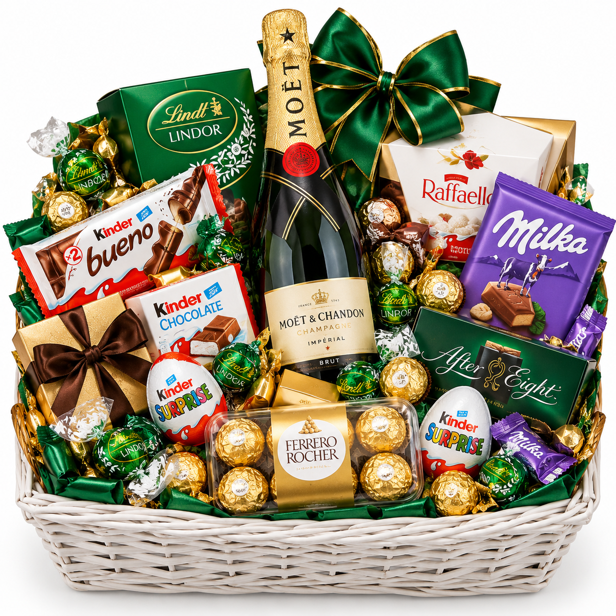 סלסלת שי יוקרתית של Sweetly עם שמפניה Moët, לינדור, פררו רושה ומילקה בעיצוב ירוק וזהב