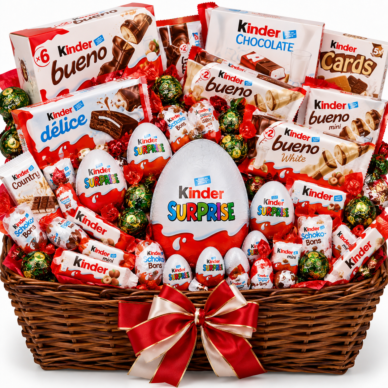 סלסלת מתוקים קינדר של Sweetly עם ביצת קינדר הפתעה גדולה, קינדר בואנו, קינדר דליס וסרט אדום